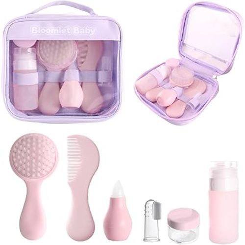 6Pcs Newborn Grooming Kit,Portable Travel Baby Care Set, Soft PP Hair Brush Comb,Silicone Nasal Aspirator,Leakproof Travel Lotion Shampoo Bottles,Finger Toothbrush for Infant, Light Pink