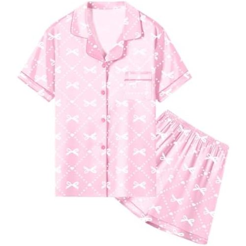 Umeyda Women & Girls Pajamas Set, Soft Satin Lightweight Silk Button-Down Top with Shorts 2 Piece PJS for Mom Boys Kids Gifts