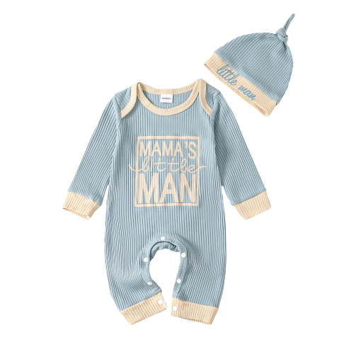 Kucnuzki Newborn Baby Boy Clothes 3 Months Winter Jumpsuit Bodysuit 6 Months Long Sleeve Cool Letter Prints Color-Blocked Button-Up Overall Jumpsuit Hat 2PCS Set Blue