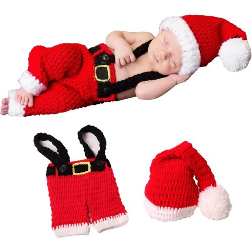 AIXIANG Hand-Knit Newborn Christmas Photo Prop Set - Santa Hat & Overalls (Fits 0-2 Months/Up to 12 lbs) - Stretchy Knit for Baby's First Christmas Pictures