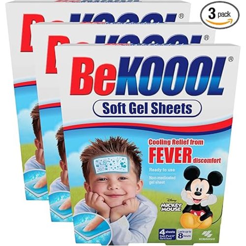 BEKOOOL Soft Gel Sheets for Kids for Cooling Relief from Fever discomfort | 4 Count (Pack of 3)