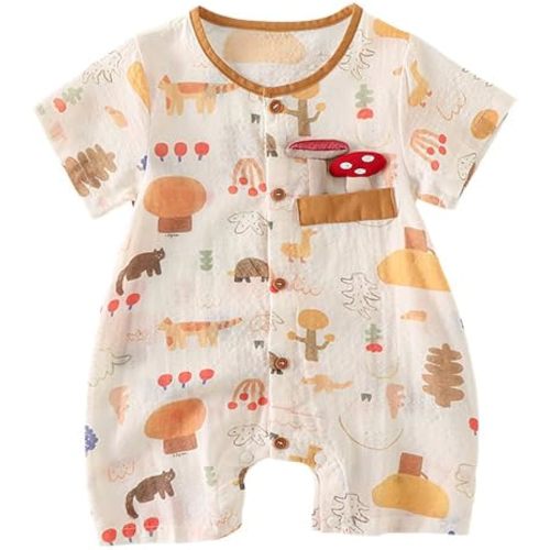 Irsutey Baby Boys Forest Animal Print Romper, 3D Mushroom Short Sleeve Jumpsuit, Cute Infant Summer One-Piece Outfit (Khaki,0 Months)