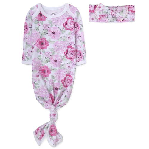 Baby Essentials Long Sleeve Knotted Patterned Sleeping Gown with Matching Headband for Newborn Infants 0 - 6 Months for Sleep, Cuddling, Swaddling and Lounge in Pink Peonies