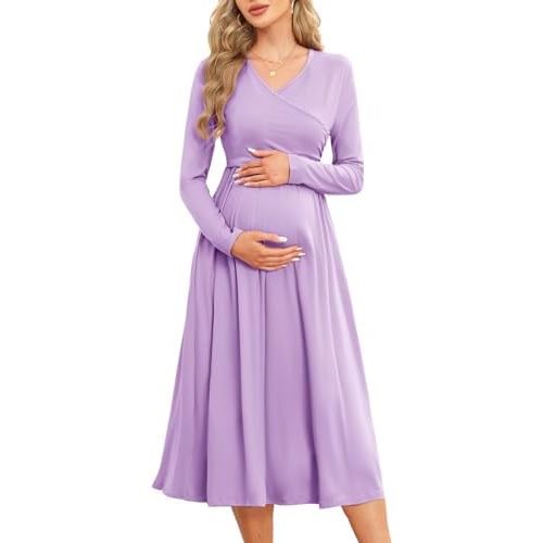 Women's 2024 Fall Patchwork Maternity Nursing Dress with Pockets Long Sleeve V Neck Clothes Midi Pregnancy Dresses