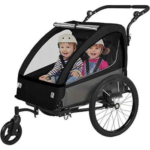 Sepnine 2-in-1 Kids Bike Trailer and Stroller with Suspension – Bike Trailer for 1 to 2 Children, Jogging Function, Foldable, 5-Point Harness, Spacious Storage, with Bug Screen and Weather Shield
