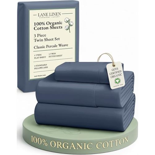 LANE LINEN Bed Sheets Twin 100% Organic Cotton GOTS Certified Percale Weave Deep Pocket 4 Piece Soft Breathable Cooling Lightweight All Season Machine Washable Crisp Estate Blue