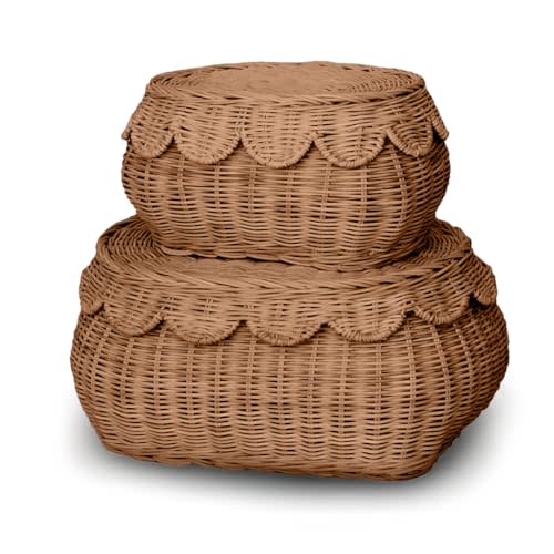 BEBE BASK The Original Scalloped Basket with Lid - Set of 2 (15x11x6 In) | Handwoven & Award Winner, Sustainable Rattan, Wicker Basket With Scalloped Edge Lid, Nursery Storage, Scallop Basket, Mocca