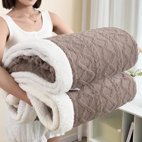 Full Size Reversible Sherpa Fleece Soft Blanket,Khaki,80"x90"