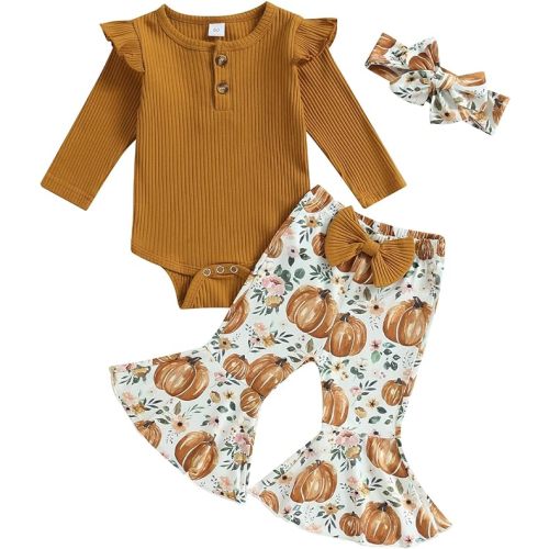 Kuriozud Newborn Baby Girl Bell Bottom Outfit Ruffle Romper Cute Bow Flare Pants Set Headband Cute Clothes