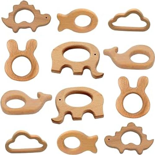 12-Pcs Baby Teether Toys,Wooden Teethers for Babies - Wooden Animal Toys, Teething Rings, Toddler Chew Toys，Baby Teething Rings and Wooden Teether Set-Suitable for Children Over 36 Months