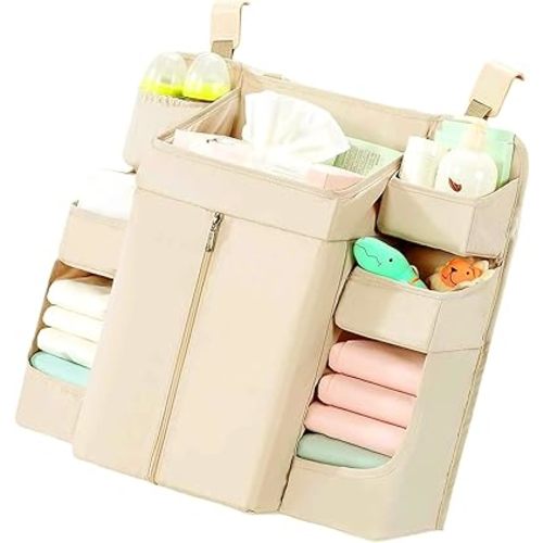Multilayer Nursery Storage Bag for Crib Essentials Soft Fabric & Zippered Compartments with Secure Straps Baby Room Hanging Organizers Bag