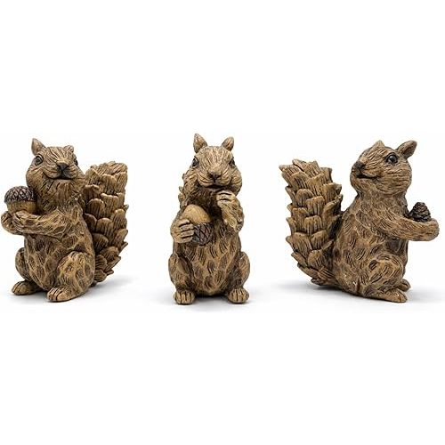 iStatue Set of 3 Resin Squirrel Figurines, Hand-Painted Woodland Animal Decor, Nature-Inspired Tabletop Statues for Home, Garden, Shelf & Gift for Women Mom Dad Girl Boy (Small)