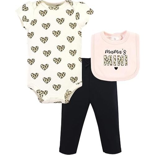 Hudson Baby Unisex Baby Cotton Bodysuit, Pant and Bib Set, Leopard Hearts, Newborn