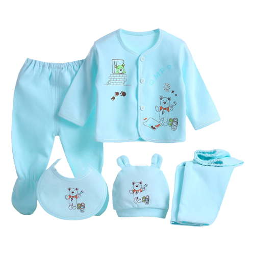 Sopiago Unisex Baby Clothes 5 Piece Layette Sets Cotton 0-3 Months Clothes Outfits for Baby Boys Girls Gift Set (Tops+Hat+Pants+Bib)