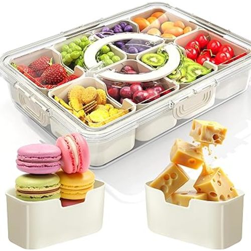 Snackle Box Container, Divided Serving Tray With Lid for Snack, Fruit Storage Containers for Fridge, You Can Use Snack Containers for Charcuterie - Fruit Tray for Picnic, 8 Compartment Snack Box
