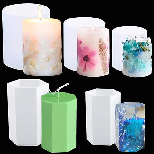 3 Pack Cylinder Candle Molds and 2 Pack Hexagon Shaped Candle Molds Cylinder Light Resin Mold for Making Candles, Soaps, Flower Specimen, Insect Specimen, DIY Clay Molds etc (5 Sizes)