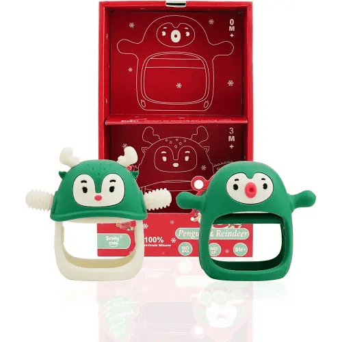 Smily Mia Baby Christmas Stocking Stuffers - Penguin Teether for 0-6M, Reindeer Chew Toys for 3-6M, Teething Mittens for 6-12M, Pine Green