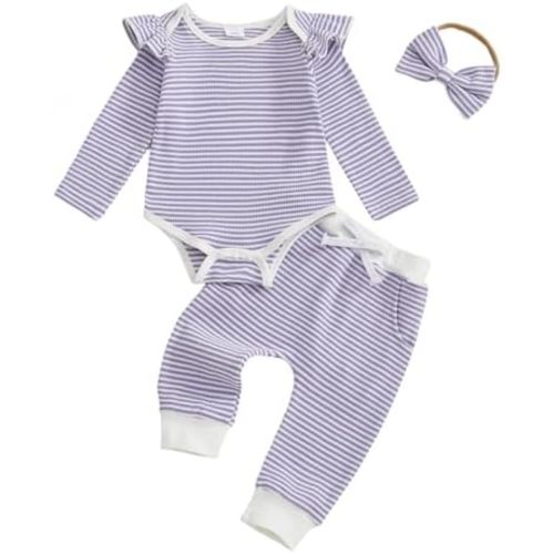 WZTYYDS Baby Girls Fall Outfit, Long Sleeve Letters Print Romper with Striped Pants and Bowknot Headband Clothing Set