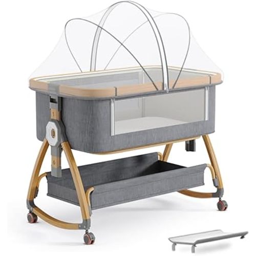 Baby Bassinet, Bedside Bassinet for Baby, 4 in 1 Portable Bassinet Bedside Sleeper with Wheels Mosquito Net & Storage Basket, 6 Height Adjustable Rocking Bassinet for Newborn Baby