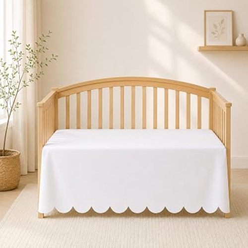 Scalloped Crib Skirt White Cotton for Baby Bed Decor 28"x52" with 14" Drop