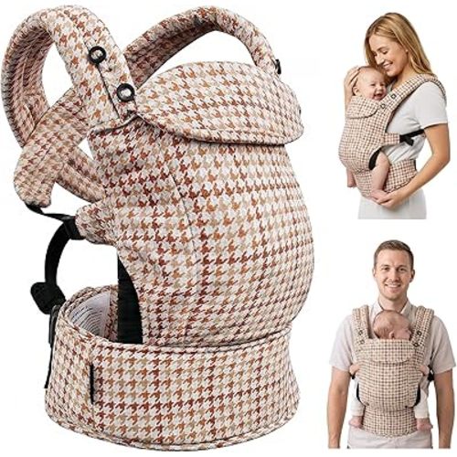 FRUITEAM Baby Carrier, Toddler Carrier with Adjustable Seat Size, Comfortable & Ergonomic Baby Carrier Newborn (7-25 LBS), Easy to Wear, Travel and Hiking Friendly (Brown Houndstooth)