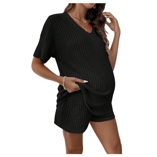 MakeMeChic Women's Maternity Pajamas Lounge Sets 2 Piece Outfits Short Sleeve Rib Knit Tops and Shorts Sets Pregnancy Clothes