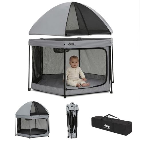 Jeep Hexagon Pop Up Play Yard with Removable Canopy | Ideal for Indoor and Outdoor Use, Grey
