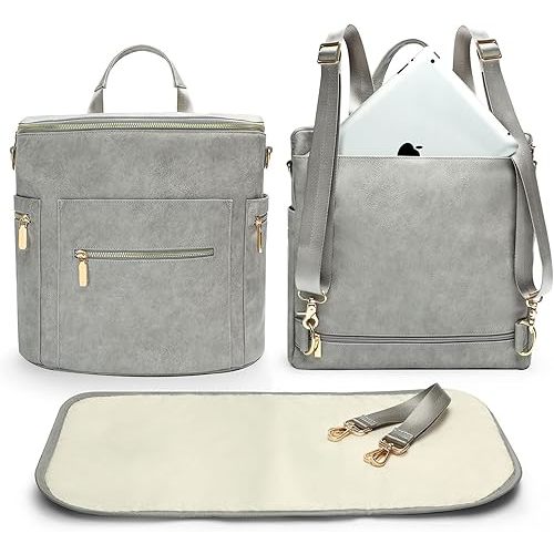 miss fong Diaper Bag Backpack Baby Diaper Bag, Large Leather Diaper Backpack with 16 Pockets Travel Bag with Diaper Changing Pad, Stroller Straps & 2 Insulated Pockets (Convertible,Premium Grey)