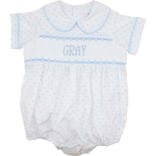 Blue Swiss Dot Custom Smocked Bubble