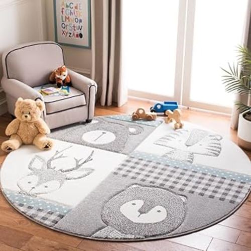 SAFAVIEH Carousel Kids Collection Area Rug - 5'3" Round, Grey & Ivory, Animal Design, Non-Shedding & Easy Care, Ideal for High Traffic Areas for Boys & Girls in Playroom, Nursery, Bedroom (CRK188B)