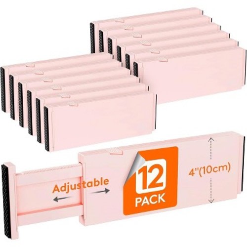 Tree City Adjustable Drawer Dividers 11-17 Inch | Expandable ABS Organizers for Baby Clothes, Kitchen & Bathroom - Pink 12 Pack