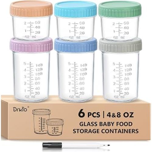 DRKIO 6 pcs Baby Food Storage Containers 4&8 Oz Small Glass Jars with Lids | Leak-proof Seal, Stable Stacking, Easy to Mark, Clear graduations Make Measuring User-friendly, BPA Free Reusable