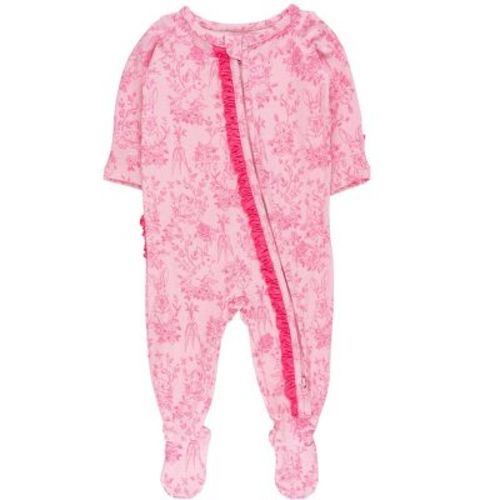 RuffleButts Baby Girls Modal Blend Ruffle One Piece Footie Pajamas - Pink Cottontail Toile, 0-3m