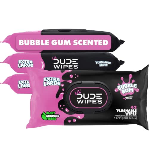 LiL' DUDE Wipes Flushable Potty Training Water Wipes, Bubble Bum, 168 Count | 99% water plastic-free wipes for toddlers and kids. Hypoallergenic, bubble gum scent. Septic safe, unlike baby wipes. 4 pack.