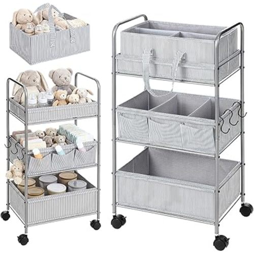 WILLBOND 2in1 Baby Diaper Caddy Organizer Cart, 3 Tier Large Capacity Metal Utility Bedside Rolling Cart with Divider for Newborn Registry Nursery Essential Must Have Gift Baby Shower Bedroom(Gray)