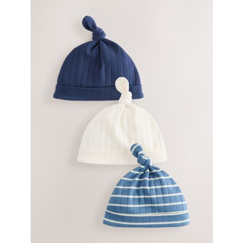 Blue Tie Top 100% Cotton Hats 3 Pack (0-12mths)