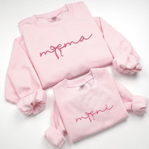 Embroidered Mama And Mini Coquette Bow Sweatshirt, Personalized Mom and Daughter Toddler Shirt, Family Matching, Cute Baby Girl Romper