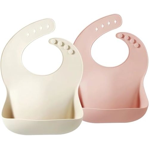 PandaEar 2 Pack Silicone Baby Bibs for Girls, Waterproof Silicone Bibs with Food Catcher, Thick Adjustable Toddler Bibs Baby Food Bibs for Eating, Soft, Non Messy (Pink Tawny)