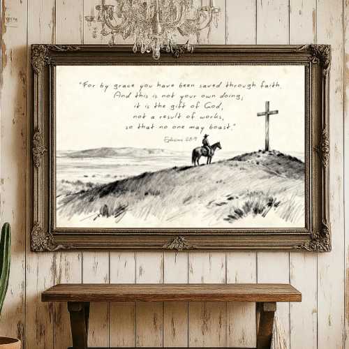 Ephesians 2:8-9 Wall Art, Cowboy Cross Print, Western Christian Decor, Rustic Bible Verse Poster, Farmhouse Scripture, Faith Gift