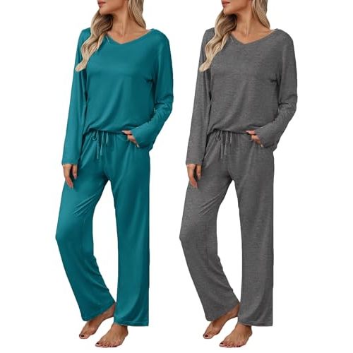 Ekouaer Womens 2 Pack Pajama Set Long Sleeve Pajamas Top and Pants V Neck Pjs Set Soft Loungewear with Pockets