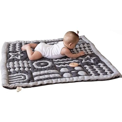 3D Soft Organic Cotton Crawling Blanket – GOTS Certified, 40x40 in Montessori Design for Motor Skill Development, Reversible, No Loose Threads – Washable & Sustainable