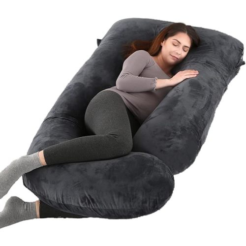Pregnancy Pillow, Full Body 57 Inch Maternity Pillow with Removable Washable Cover - Sleep Support for Legs, Back, Neck, Shoulder, HIPS, Belly for Pregnent Women, Black Grey Velvet Cover