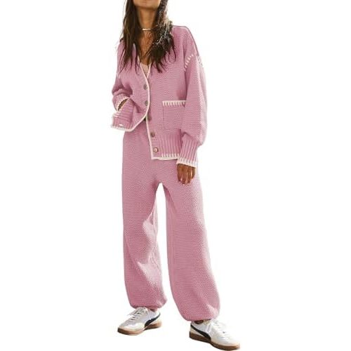 Women's 2 Piece Outfit Lounge Set Trendy Cardigan Sweater Pants Sets V Neck Button Pocket Knit Matching Loungewear