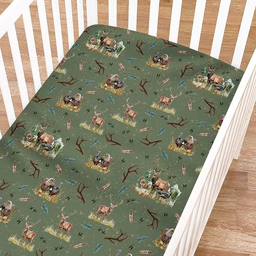 Vintage Deer Hunting Fitted Baby Crib Sheet for Boys 52"x28" Turkey Hunting Crib Mattress Cover Wild Animals Hunter Soft BAB Sheet for Standard Crib and Toddler Mattresses