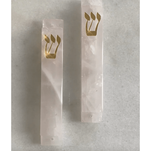 Carved Pink Quartz Stone with Gold Shin Mezuzah - LARGE – The Modern Mezuzah