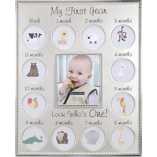 Malden International Designs My First Years Beaded Two Tone Silver Metal Picture Frame, 3 Option, 1-3.5x4 & 12-1x1, Silver
