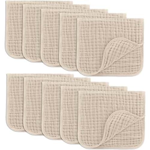 Comfy Cubs Muslin Burp Cloths 20x10" 10 Pack, Baby Burp Cloths - Sand | Large, 6-Layer, Ultra Absorbent 100% Cotton Burp Cloths for Baby Drool and Messes - Soft, Safe & Gentle for Boys & Girls