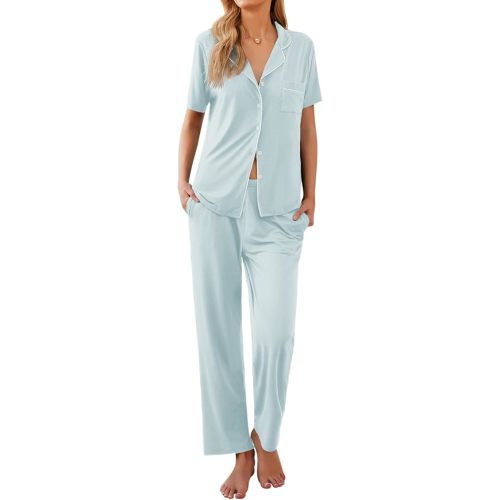 Ekouaer Women Pajamas Set Button Down Sleepwear Short Sleeve Nightwear with Long Pants Soft Pjs Set S-XXL