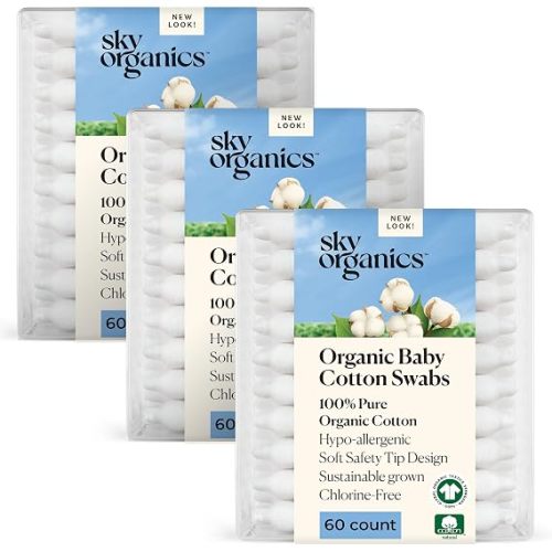 Sky Organics Organic Baby Cotton Swabs 180ct, Baby Safe Tips, Chlorine-Free | Made with Organic Cotton. Ultra Soft, Hypoallergenic & Newborn Safe. Gentle, Strong, Sustainable, & Cruelty-Free. Baby Care.