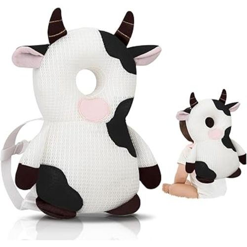 Baby Walker Head Protector Backpack Wear,Toddler Adjustable Baby Head Protection Backpack for Safety Baby Learning Walking Crawling (White Cow)
